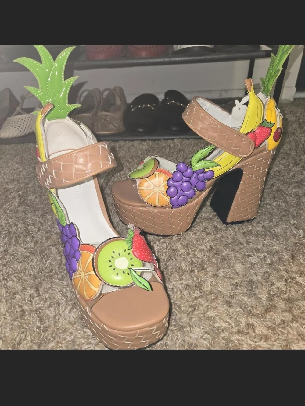 Dolls Kill Tan Platform Sandals with Colorful Fruit Appliqués